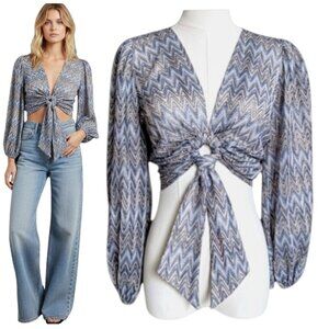 Moon River Sheer Twist Front Puff Sleeve Blouse Sky Blue L